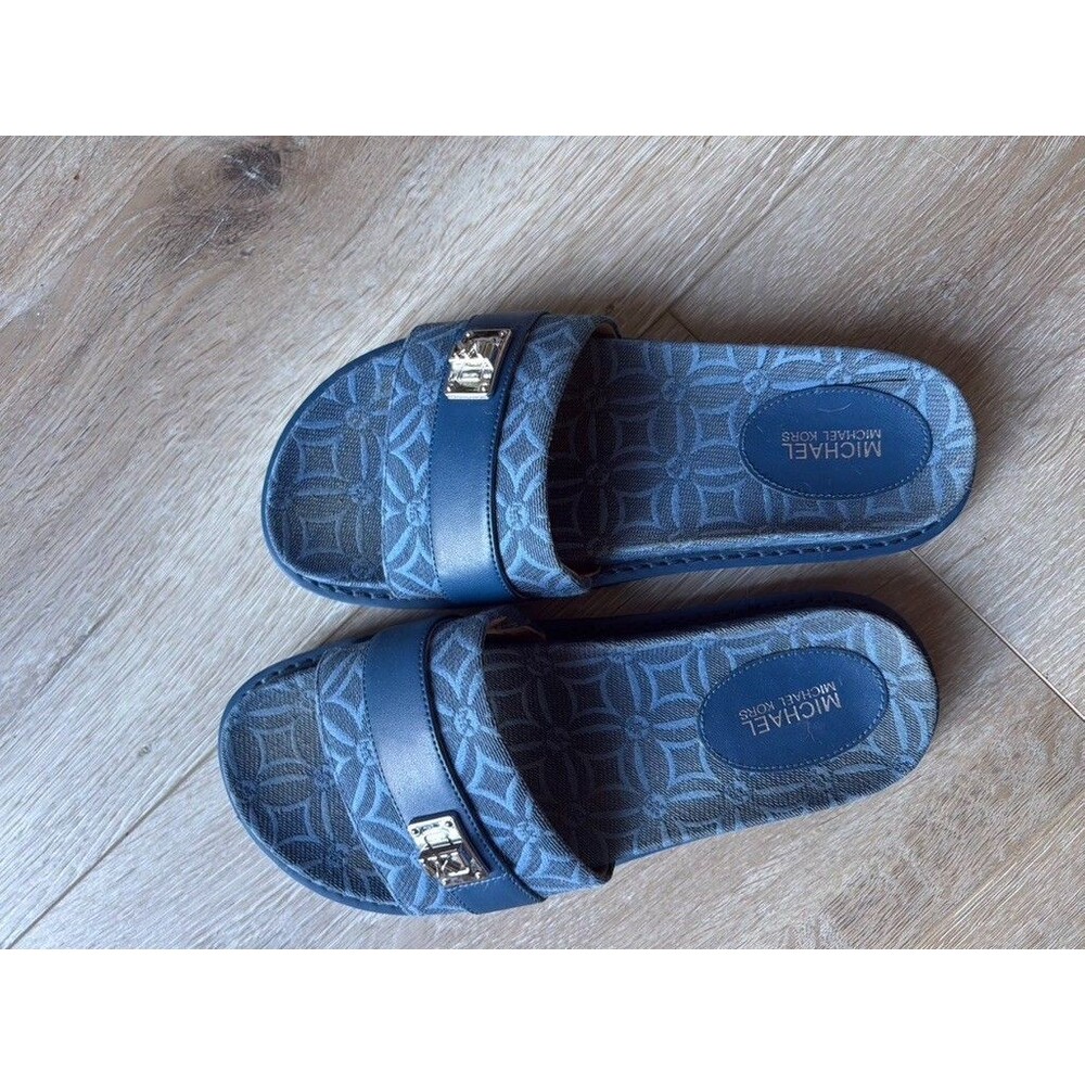 Michael Kors Blue Logo Jacquard Slide Sandals Women’s 6.5 Slip On Lock Hardware